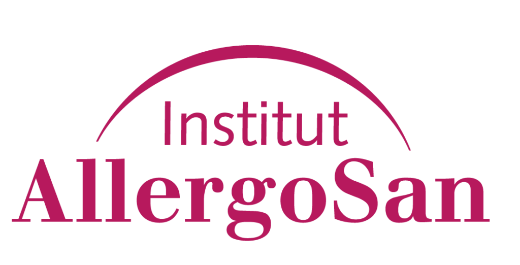 Logo des Instituts Allergosan. Der Schriftzug „Institut Allergosan“ in magenta Schrift mit einem Bogen darüber.