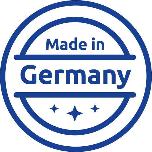 Blau umrandeter Kreis mit Inschrift „Made in Germany“.