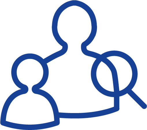 Blaue Umrandung zweier Personen mit einer Lupe über der rechten Person.