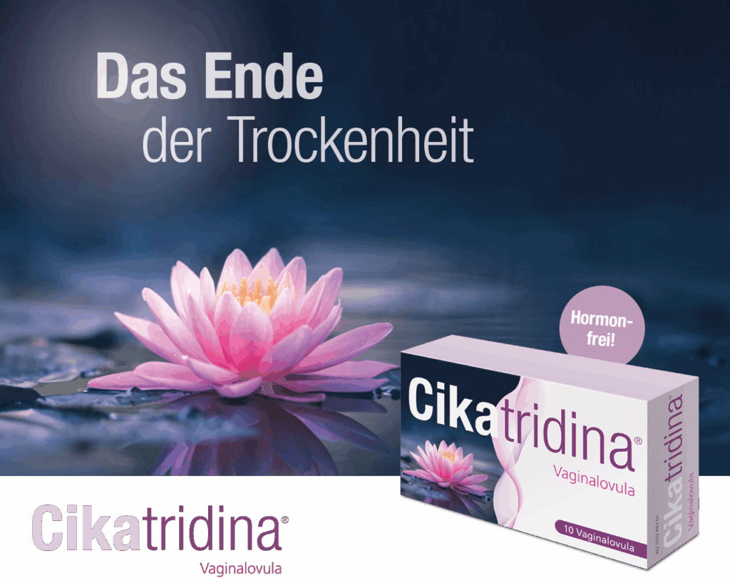 Rosa Seerose im Wasser mit dunklem Hintergrund und Produktslogan Das Ende der Trockenheit