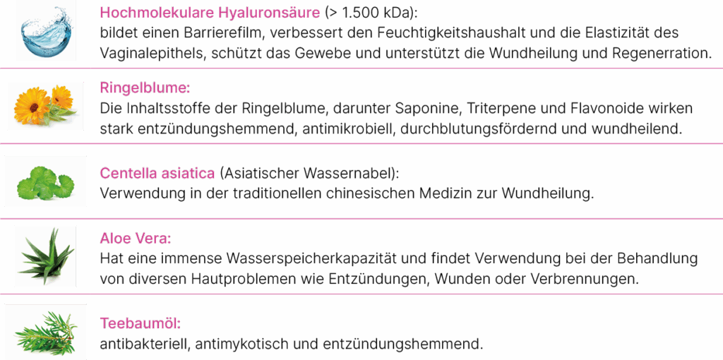 Auflistung der Inhaltsstoffen: Hyaluronsäure, Ringelblume, Centella Asiatica, Aloe Vera, Teebaumöl