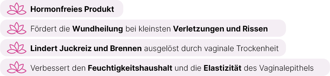 Auflistung der Vorteile: hormonfrei, fördert Wundheilung, Lindert Juckreiz, verbessert den Feuchtigkeitsgehalt