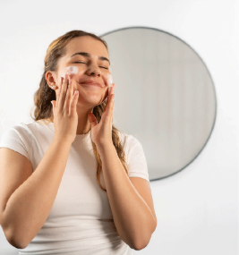 Frau wendet lächelnd den Reinigungsschaum an